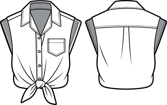 Women Sleeveless Tie Front Button Up Shirt Fashion Flat Sketch Technical Drawing Featuring Collar Chest Pocket and Back Yoke Detail CAD Apparel Design Template