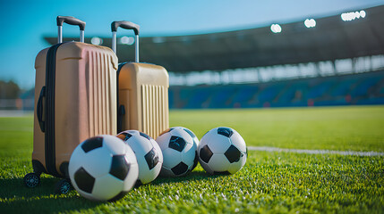 Football balls lying next to suitcases on a football field with stadium stands and a blue sky represent the concept of sports tourism and tournament travel
