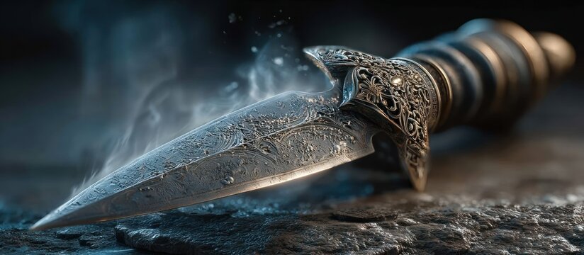 Ornate dagger on stone, emanating ethereal vapor, focused lighting