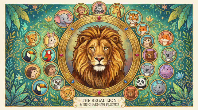 Jungle animal portraits in vintage decorative gold frames with foliage