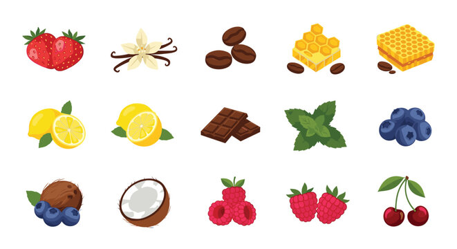Wide variety of natural food flavor ingredients including berries chocolate honey mint coffee and vanilla beans set.