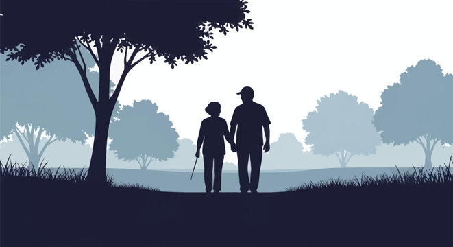 Silhouette of an elderly couple holding hands while walking through a public park surrounded by trees and grass, senior man and woman walking together in a peaceful outdoor landscape.