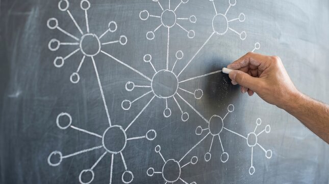 Hand Drawing Connected Network Mind Map Diagram on Chalkboard Business Strategy Mapping, Organizational Structure Planning and Systems Thinking Concept