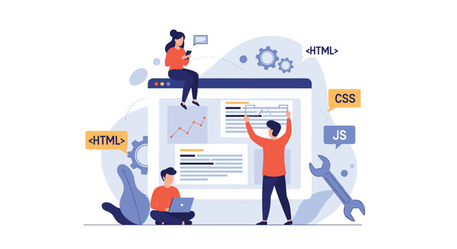 Group of web developers and programmers working on a website coding project with html css and javascript icons.