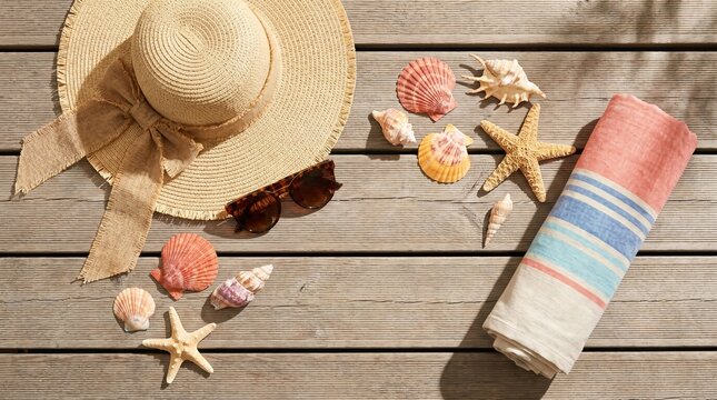 Beach accessories with straw hat and seashells on wooden decking beach time beach lifestyle summer vibes sand free ocean themed beach day vacation mode summer holiday beach decor beach setup