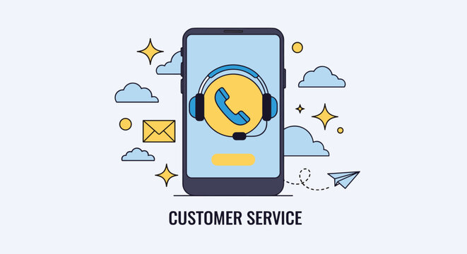 Customer service concept features a smartphone with a headset and phone icon surrounded by communication symbols for mobile support assistance.