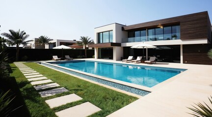 Fototapeta premium Modern luxury house exterior with large swimming pool, poolside loungers. Contemporary architecture features clean lines, glass windows, wooden accents. Green lawn, pathway lead to pristine blue
