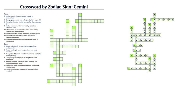 Crossword puzzle featuring zodiac sign Gemini with clues and answers on a white background