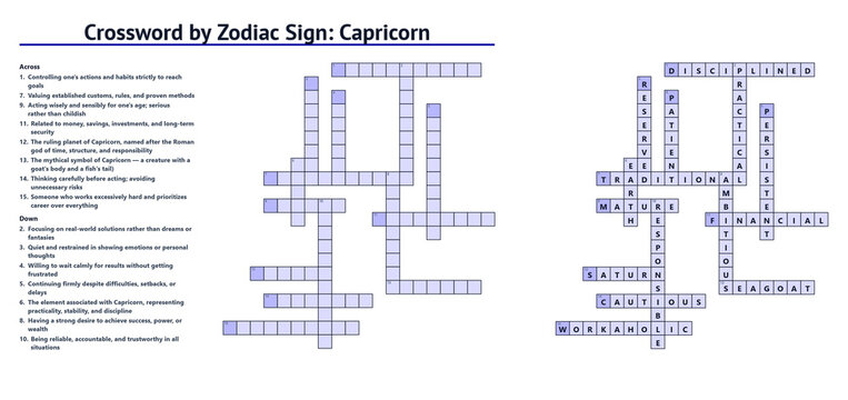 Crossword puzzle themed around the Zodiac sign Capricorn with various traits and characteristics
