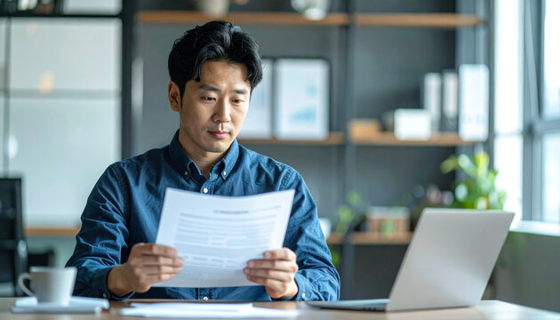 ビジネス書類を確認する日本人男性会社員