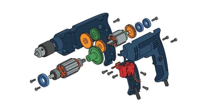 Isometric exploded view of electric power drill machine components and internal parts