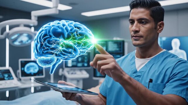 Doctor analyzes holographic brain scan with tablet in futuristic operating room
