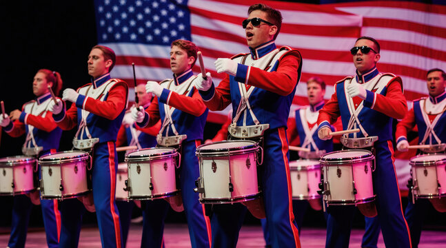 Young men in patriotic uniforms play drums on stage. Large American flag provides backdrop for musical performance. Band members strike percussion instruments with drumsticks. Playing lively beat