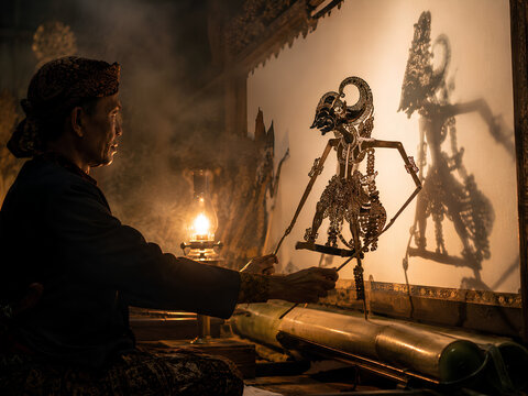 Indonesian puppet master (Dalang) performing a Wayang Kulit shadow puppet show