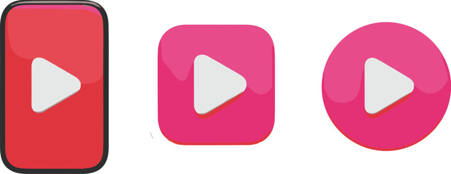 Glossy Pink Play Button Icon Set with Rectangle Rounded Square and Circle Shapes for Video Streaming Multimedia Player and Social Media Interface Designs