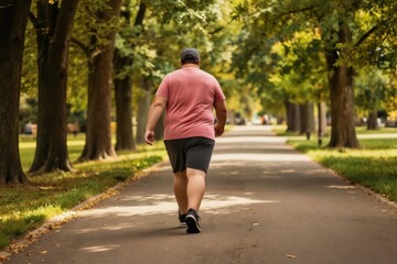 Obraz premium Overweight man walks in park on sunny day. Person tries to lose weight with slow jogging and physical activity. Healthy active lifestyle choice for obese individuals.