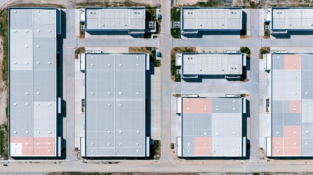 Aerial view of a large data center campus with modern industrial buildings arranged in a grid for technology infrastructure, digital storage and logistics concepts