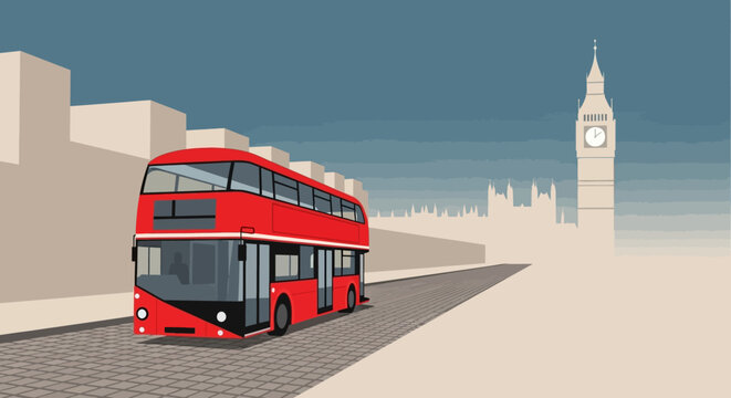 A classic red double-decker bus travels down a city street towards the iconic Big Ben tower in London under a clear sky