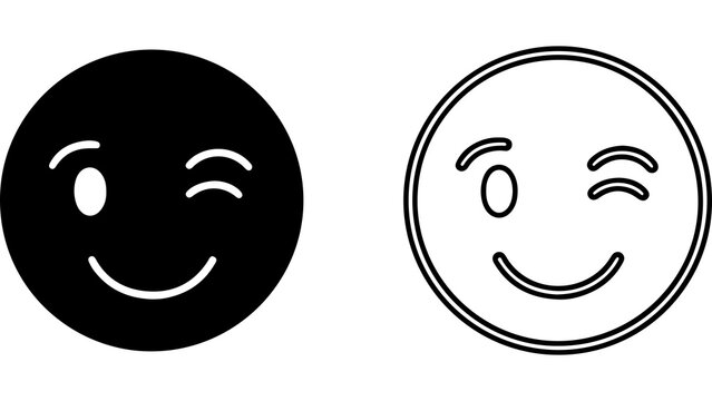 Winking Face Emoji Solid And Outline Icons Set