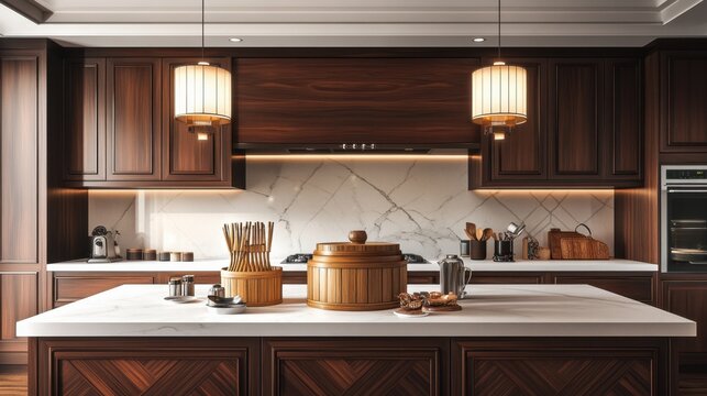 Modern luxury kitchen with dark wood cabinets and marble backsplash