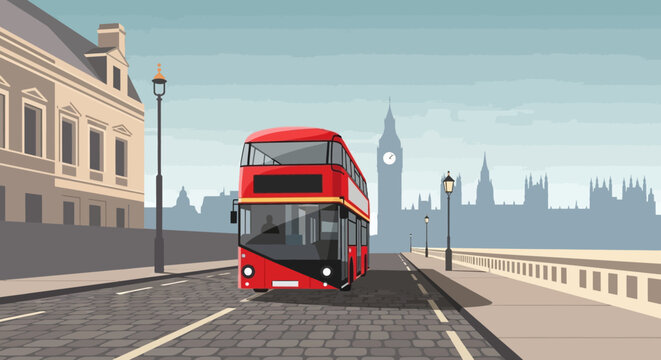 A classic red double-decker bus drives down a cobblestone street towards iconic London landmarks under a clear daytime sky