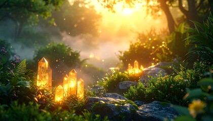 Fototapeta premium Tranquil Meditation Garden with Luminous Crystals at Dawn