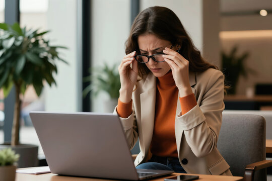 Tired woman rubs her nose bridge while squinting at laptop screen. She wears glasses, looks stressed from computer work, experiencing eye strain and headache from office tasks.