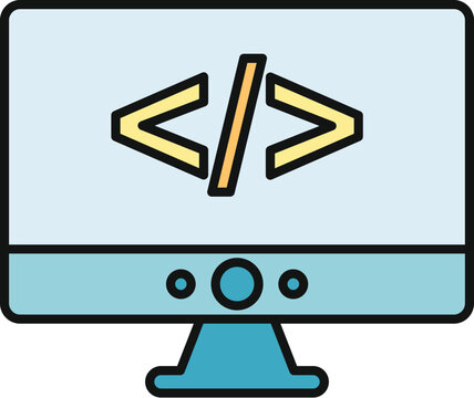 Computer monitor showing code tag programming symbol representing development and software