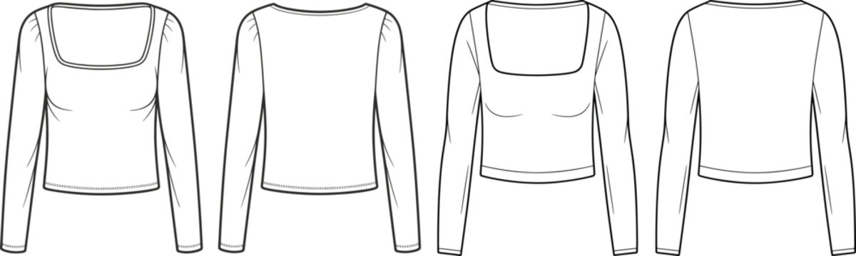Vector fashion technical sketch set of women long sleeve square neck crop top front and back views