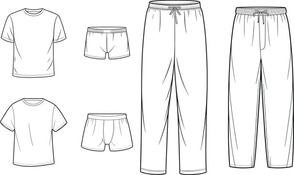 Vector fashion technical sketch set of men casual loungewear including basic t shirts boxer shorts and pajama pants