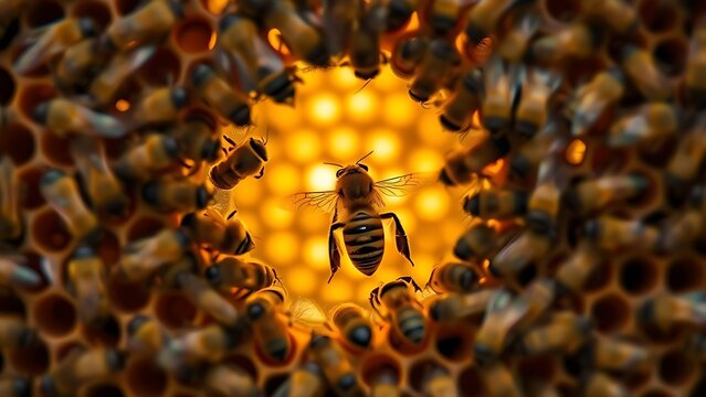 Close-up of a beehive's central chamber, queen bee surrounded by workers.