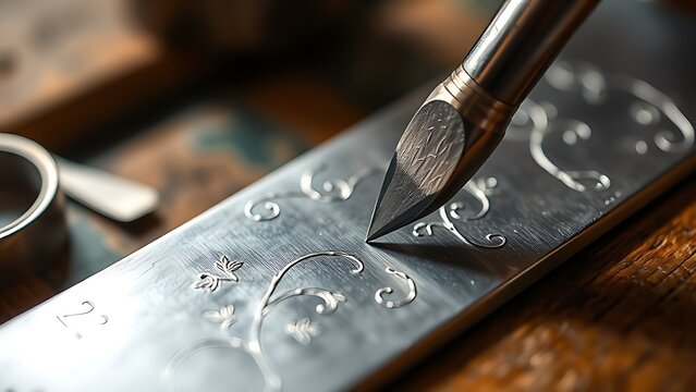 Chasing hammer and chisel creating vine patterns on polished silver sheet.