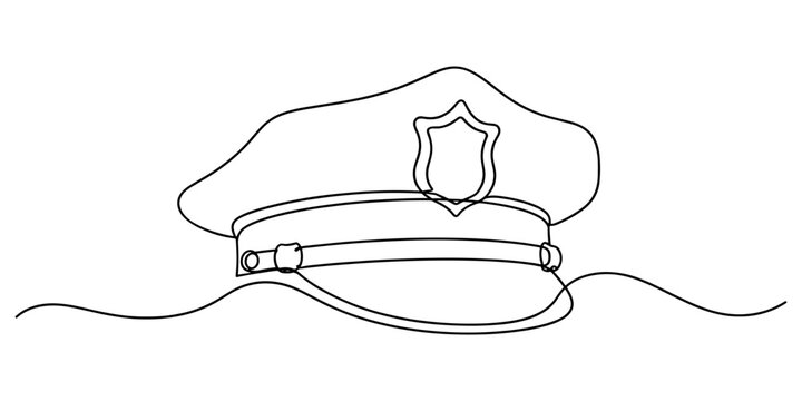 Minimal one line drawing of a police cap symbolizing law enforcement, authority, public safety, and protection.