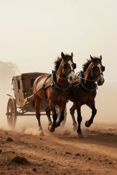 Two brown horses pull wooden carriage across dusty ground kicking up dirt. Powerful equine animals move fast along rural path creating motion blur. Travel in team on adventure through arid landscape.