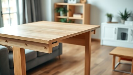 Fototapeta premium Extensible wooden desk partially extended, light oak surface, modern furniture.
