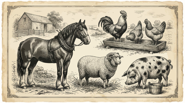 Vintage engraving style illustration of a draft horse on a farm