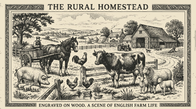 Vintage woodcut illustration showing a rural farm scene with animals