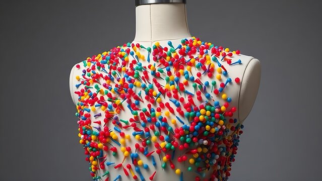 Tailor's mannequin torso covered with colorful marking pins on gray background.