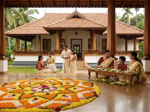 Indian family celebrating traditional onam festival at home