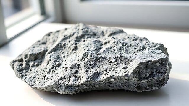 Rough diorite rock sample on white surface, natural stone texture.