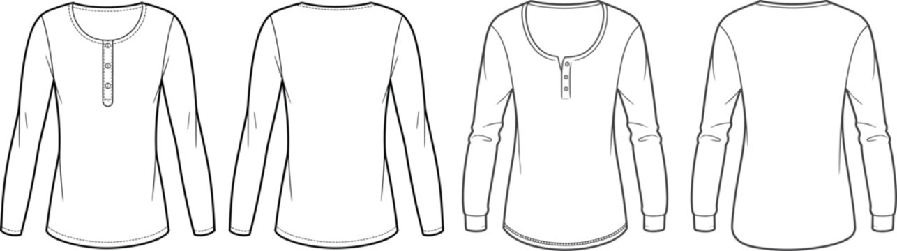 Vector technical fashion sketch set of women long sleeve henley shirt front and back view blank template CAD illustration