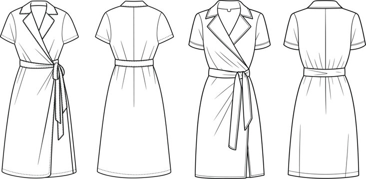 Short sleeve wrap dress with notch lapel collar and waist tie belt fashion technical sketch vector front and back views