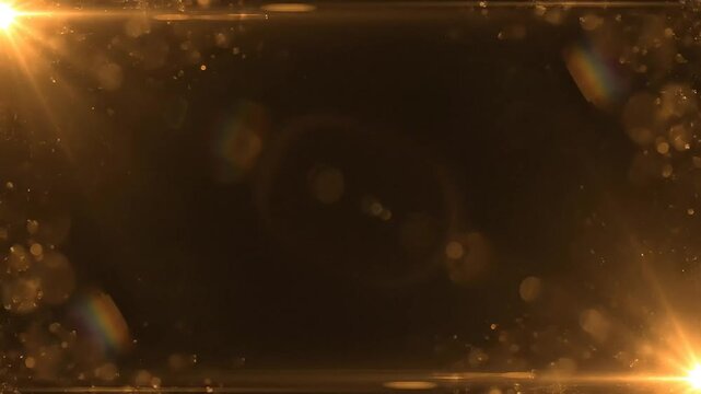 Leak light sun flare background with golden lens flares, bokeh, and bright glowing frame. Abstract cinematic optical overlay for video design.