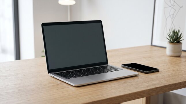 Sleek Laptop and Smartphone Mockup on Wooden Desk with High Negative Space