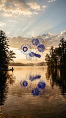 Obraz premium Dramatic golden hour sunset sky with blue fireworks exploding over a calm lake for seasonal celebration background, summer vacation advertising and holiday banner