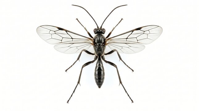 Parasitoid Wasp with Translucent Wings Spread Open in Macro Detail