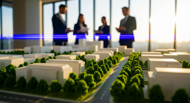 Architectural scale model of urban housing with blurred business people. Real estate developers discussing city planning in an office at sunset. Property investment concept for marketing strategy.