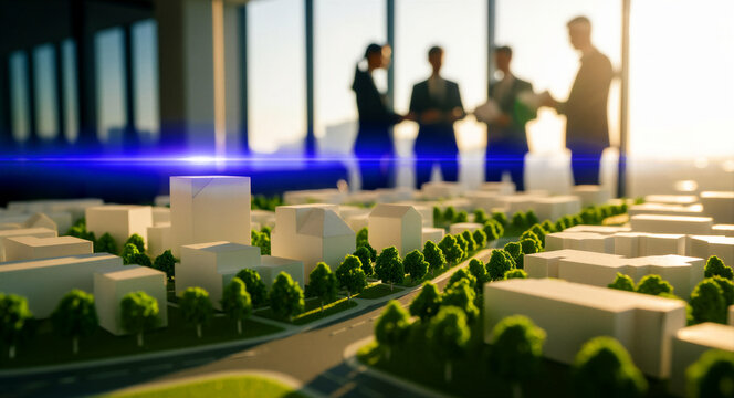 Architectural scale model of a city layout with business professionals in background. Developers meeting in office during sunset. Urban development concept for real estate investment marketing.