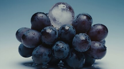 Fototapeta premium Close-up of dark grapes with water drops. Round ice sphere sits atop cluster. Fruit appears fresh and cold against light blue backdrop. This image conveys sense of refreshment and purity.