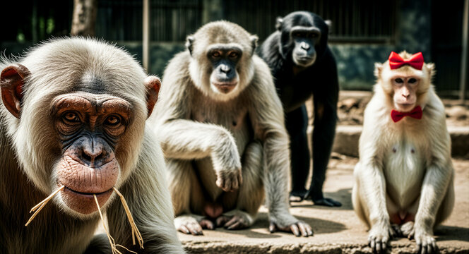 Group of various monkeys and chimpanzees sitting together outdoors. One monkey in the foreground chews on straw while another wears red bowties. Funny animal concept for wildlife humor marketing.